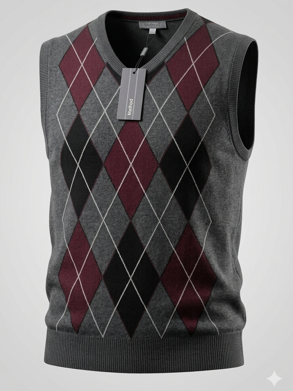 Method Mens Argyle Sweater Vest XL Gray Burgundy‎ Black V-Neck New With Tags NWT